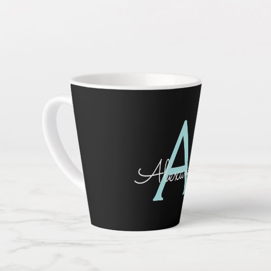 Aqua Aquamarin Blue Script Girly Monogram Name Milchtasse (Linke Ecke)