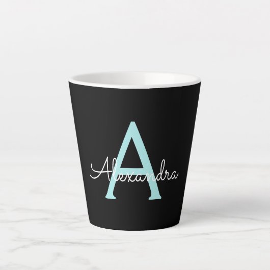 Aqua Aquamarin Blue Script Girly Monogram Name Milchtasse (Vorderseite)