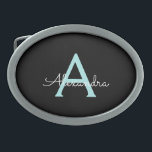 Aqua Aquamarin Blue Script Girly Monogram Name Ovale Gürtelschnalle<br><div class="desc">Black und Aqua Aquamarin Blue Simple Script Monogram Name Gelt Buckle. Das macht den perfekten Abschluss,  süß 16 16.,  18.,  21.,  30.,  40.,  50.,  60.,  70.,  80.,  90.,  100. Geburtstag,  Hochzeit,  Brautparty,  Jubiläum,  Babydusche oder Junggeselinnen-Abschied Geschenk für jemanden,  der Luxus und Chic Stil Lieben glänze.</div>