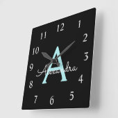 Aqua Aquamarin Blue Script Girly Monogram Name Quadratische Wanduhr (Winkel)