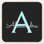 Aqua Aquamarin Blue Script Girly Monogram Name Rechteckiger Pappuntersetzer<br><div class="desc">Black und Aqua al Blue Simple Script Monogram Name Paper Untersetzer. Dies macht den perfekten Abschluss,  Geburtstag,  Hochzeit,  Brautparty,  Jubiläum,  Babydusche oder Junggeselinnen-Abschied Geschenk für jemanden,  die Lieben glamourösen Luxus und schicke Stile.</div>