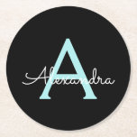 Aqua Aquamarin Blue Script Girly Monogram Name Runder Pappuntersetzer<br><div class="desc">Schwarz und Aqua Aquamarin Blue Simple Script Monogram Name Paper Untersetzer. Dies macht den perfekten Abschluss,  Geburtstag,  Hochzeit,  Brautparty,  Jubiläum,  Babydusche oder Junggeselinnen-Abschied Geschenk für jemanden,  die Lieben glamourösen Luxus und schicke Stile.</div>