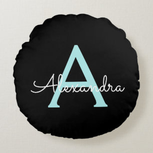 Aqua Aquamarin Blue Script Girly Monogram Name Rundes Kissen