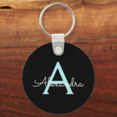 Aqua Aquamarin Blue Script Girly Monogram Name Schlüsselanhänger (Vorderseite)