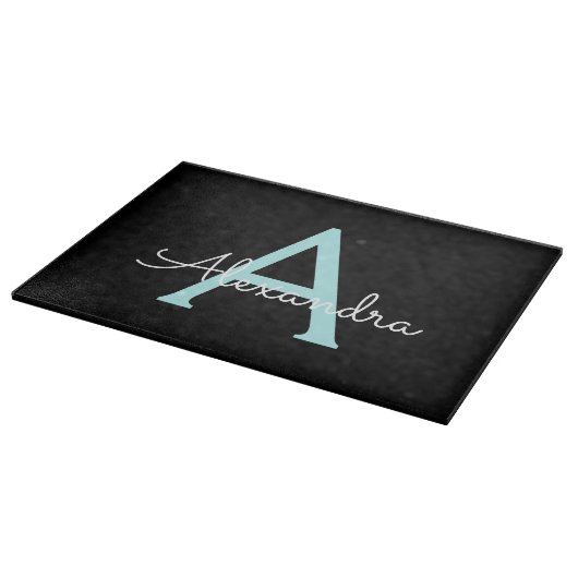 Aqua Aquamarin Blue Script Girly Monogram Name Schneidebrett (Ecke)