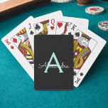 Aqua Aquamarin Blue Script Girly Monogram Name Spielkarten<br><div class="desc">Black und Aqua Blue Aquamarin einfache Script Monogram Name Playing Cards. Das macht den perfekten 16 Geburtstag,  Hochzeit,  Brautparty,  Jubiläum,  Babydusche oder Junggeselinnen-Abschied Geschenk für jemanden,  der Lieben glamourösen Luxus und schicke Stile.</div>