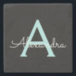 Aqua Aquamarin Blue Script Girly Monogram Name Steinuntersetzer<br><div class="desc">Black und Aqua Aquamarin Blue Simple Script Monogram Name Stone Tile. Das macht den perfekten Abschluss,  süßen 16 Geburtstag,  Hochzeit,  Brautparty,  Jubiläum,  Babydusche oder Junggeselinnen-Abschied Geschenk für jemanden,  die Lieben glamourösen Luxus und schicke Stile.</div>