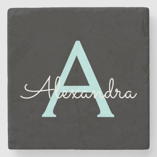 Aqua Aquamarin Blue Script Girly Monogram Name Steinuntersetzer (Vorderseite)