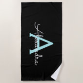 Aqua Aquamarin Blue Script Girly Monogram Name Strandtuch (Vorderseite)
