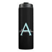 Aqua Aquamarin Blue Script Girly Monogram Name Thermosbecher (Vorderseite)