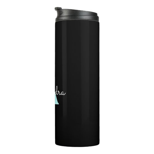 Aqua Aquamarin Blue Script Girly Monogram Name Thermosbecher (Nach rechts gedreht)