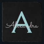 Aqua Aquamarin Blue Script Girly Monogram Name Töpfeuntersetzer<br><div class="desc">Black und Aqua Aquamarin Blue Simple Script Monogram Name Trivet Stone. Dies macht den perfekten Abschluss,  Geburtstag,  Hochzeit,  Brautparty,  Jubiläum,  Babydusche oder Junggeselinnen-Abschied Geschenk für jemanden,  die Lieben glamourösen Luxus und schicke Stile.</div>