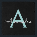 Aqua Aquamarin Blue Script Girly Monogram Name Töpfeuntersetzer<br><div class="desc">Black und Aqua Aquamarin Blue Simple Script Monogram Name Trivet Stone. Dies macht den perfekten Abschluss,  Geburtstag,  Hochzeit,  Brautparty,  Jubiläum,  Babydusche oder Junggeselinnen-Abschied Geschenk für jemanden,  die Lieben glamourösen Luxus und schicke Stile.</div>