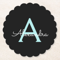 Aqua Aquamarin Blue Script Girly Monogram Name