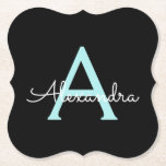 Aqua Aquamarin Blue Script Girly Monogram Name Untersetzer<br><div class="desc">Black und Aqua Aquamarin Blue Simple Script Monogram Name Paper Untersetzer. Dies macht den perfekten Abschluss,  Geburtstag,  Hochzeit,  Brautparty,  Jubiläum,  Babydusche oder Junggeselinnen-Abschied Geschenk für jemanden,  die Lieben glamourösen Luxus und schicke Stile.</div>