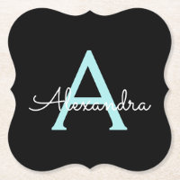 Aqua Aquamarin Blue Script Girly Monogram Name