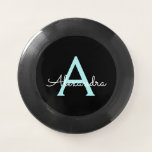 Aqua Aquamarin Blue Script Girly Monogram Name Wham-O Frisbee<br><div class="desc">Schwarz und qua Aquamarin Blue Einfache Script Monogram Name Frisbee. Dies macht den perfekten Abschluss,  Geburtstag,  Hochzeit,  Brautparty,  Jubiläum,  Babydusche oder Junggeselinnen-Abschied Geschenk für jemanden,  die Lieben glamourösen Luxus und schicke Stile.</div>