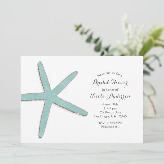 Aqua Aquamarin Blue Starfish White Beach Brautpart Einladung (Stehend Vorderseite)
