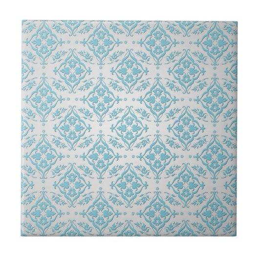 Aqua Aquamarin Blue und Silver Damask Fliese (Vorderseite)