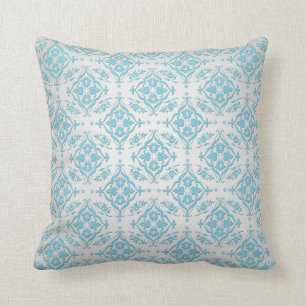 Aqua Aquamarin Blue und Silver Damask Kissen