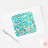 Aqua Aquamarin Blue Watercolor Meerjungfrau Scales Quadratischer Aufkleber (Umschlag)