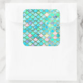 Aqua Aquamarin Blue Watercolor Meerjungfrau Scales Quadratischer Aufkleber (Tasche)