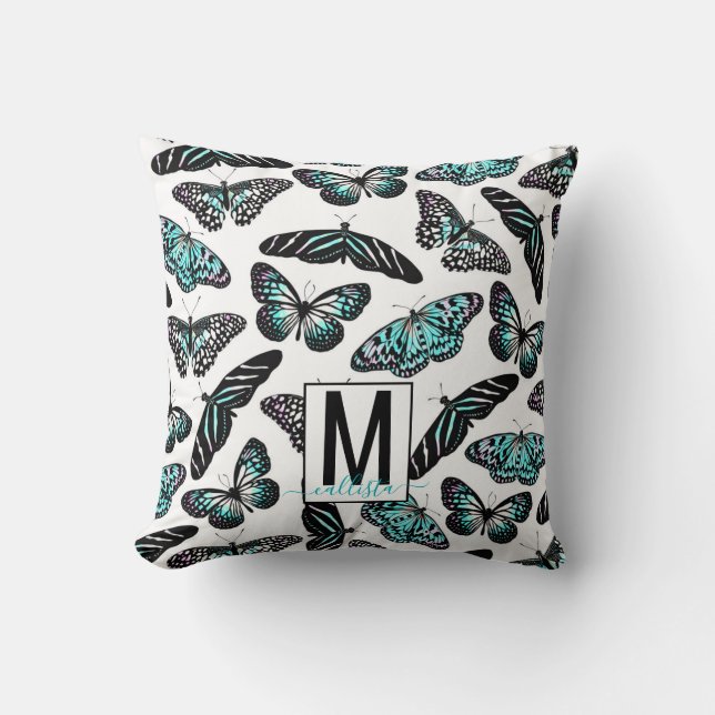 Aqua Aquamarin Butterfisch Wasserfarben Muster Mon Kissen (Vorderseite)