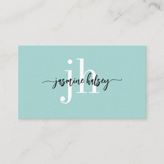 Aqua Aquamarin Einfache Name und Initialkarte Visitenkarte (Vorderseite)