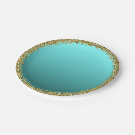 Aqua Aquamarin getauchte Gold Glitzer Glam Sparkle Pappteller (Schrägansicht)