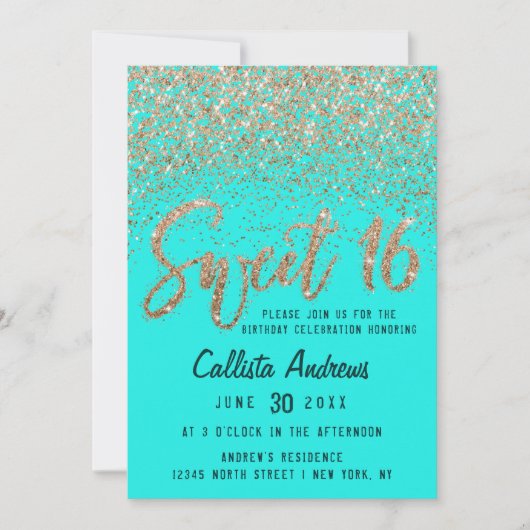Aqua Aquamarin Gold Scattered Glitzer Ombre Sweet Einladung (Vorderseite)