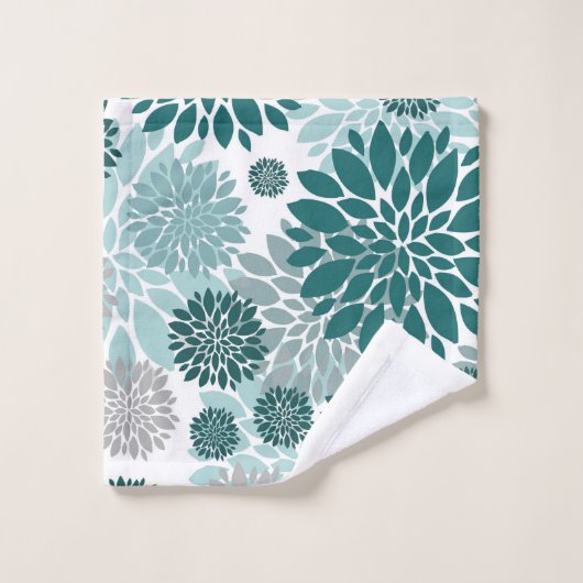 Aqua Aquamarin Grau Blume Muster Badhandtuch Set (Waschlappen)