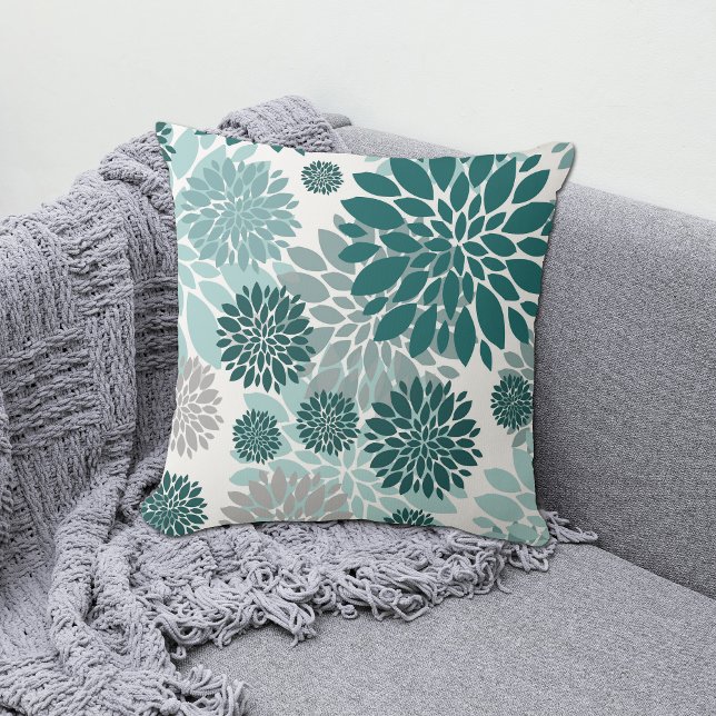 Aqua Aquamarin Grau Blume Muster Kissen (Von Creator hochgeladen)