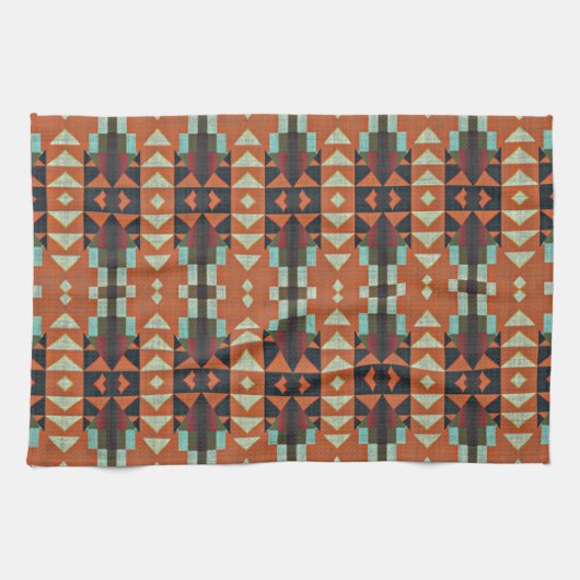 Aqua Aquamarin Green Orange Taupe Beige Tribal Art Handtuch (Horizontal)