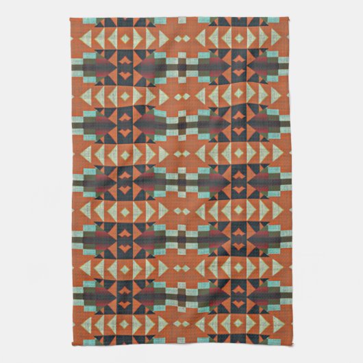 Aqua Aquamarin Green Orange Taupe Beige Tribal Art Handtuch (Vertikal)
