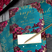 Aqua Aquamarin Merlot Jewel Tone Gold Wedding RSVP