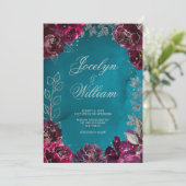 Aqua Aquamarin Merlot Jewel Tone Hochzeit Einladun Einladung (Stehend Vorderseite)