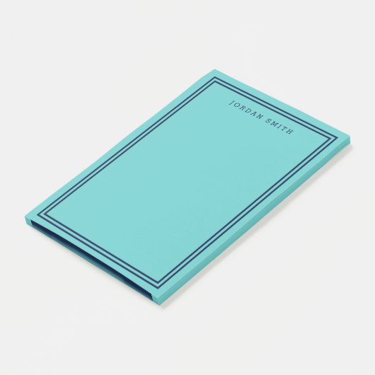 Aqua Aquamarin mit doppelnarbigen blauen Grenzen Post-it Klebezettel (angewinkelt)