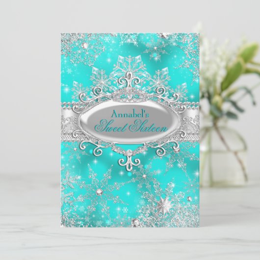 Aqua Aquamarin Princess Winter Wonderland Sweet 16 Einladung (Stehend Vorderseite)
