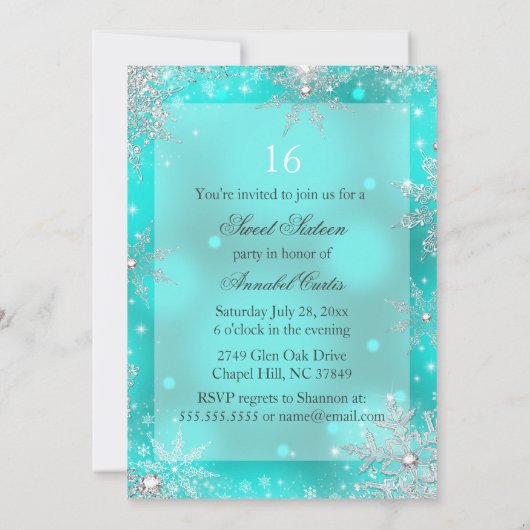Aqua Aquamarin Princess Winter Wonderland Sweet 16 Einladung (Rückseite)