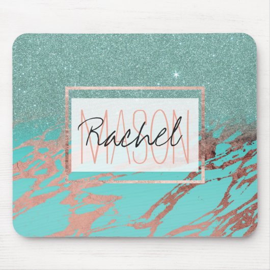 Aqua Aquamarin Rose Gold Glitzer Marble Ombre Mono Mousepad (Vorne)