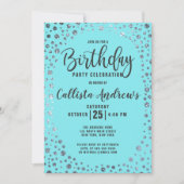 Aqua Aquamarin Silver Glitzer Confetti Border Gebu Einladung (Vorderseite)
