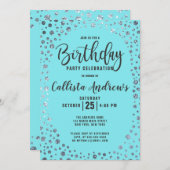 Aqua Aquamarin Silver Glitzer Confetti Border Gebu Einladung (Vorne/Hinten)
