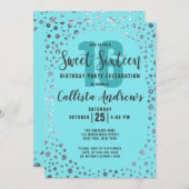 Aqua Aquamarin Silver Glitzer Confetti Border Swee Einladung (Vorne/Hinten)