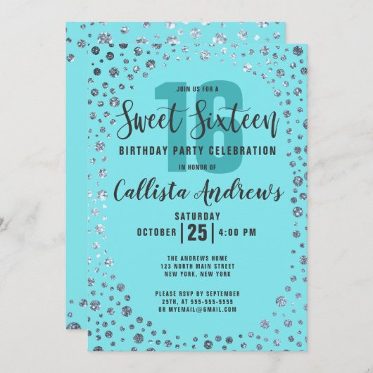 Aqua Aquamarin Silver Glitzer Confetti Border Swee Einladung (Vorne/Hinten)