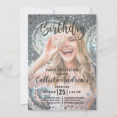 Aqua Aquamarin Silver Glitzer Confetti Foto Geburt Einladung (Vorderseite)