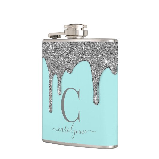 Aqua Aquamarin Silver Sparkle Glitzer Tropfen Mono Flachmann (Links)