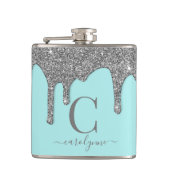 Aqua Aquamarin Silver Sparkle Glitzer Tropfen Mono Flachmann (Vorderseite)