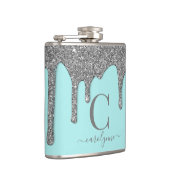 Aqua Aquamarin Silver Sparkle Glitzer Tropfen Mono Flachmann (Rechts)