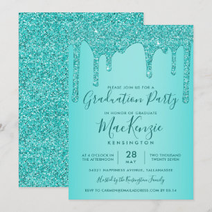 Aqua Aquamarin Sparkle Glitzer Tropfens Graduation Einladung