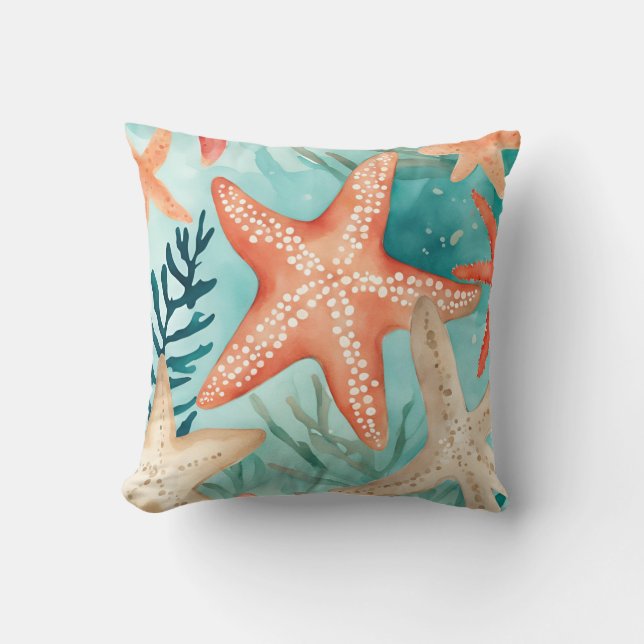 Aqua Aquamarin Starfish Beachy Seashell Pattern Kissen (Vorderseite)